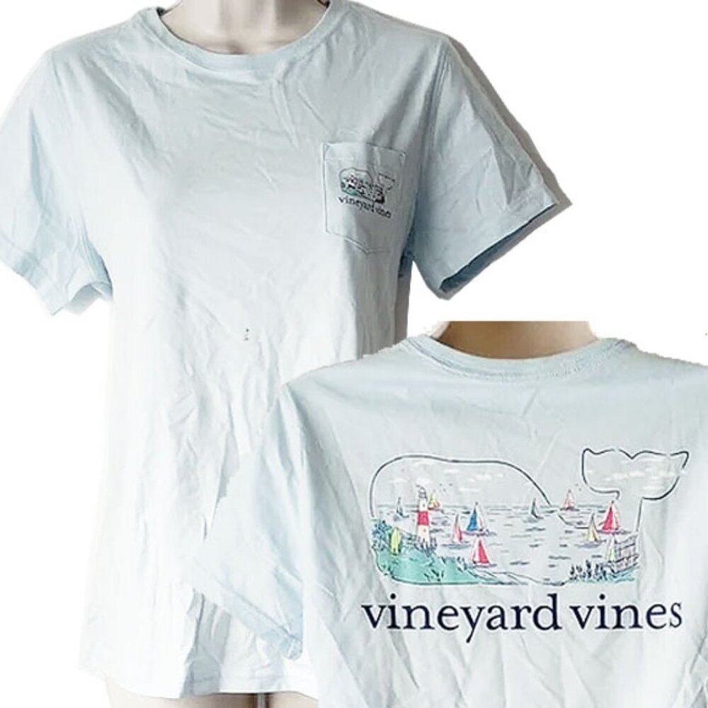 NWT Vineyard Vines 100% Cotton Pocket T-shirt M Whale Lighthouse Sailboats